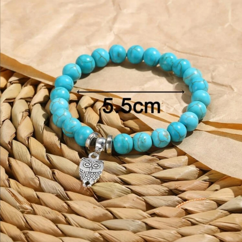 Turquoise Owl Charm and Beaded Stretch Bracelet - Picture 5 of 6